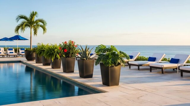 Swimming pool edge with potted tropical plants and ocean view