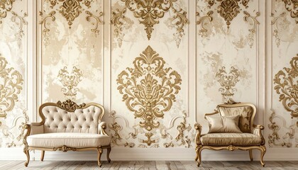 Classic damask wallpaper featuring a striking vintage decorative design in beige and gold.