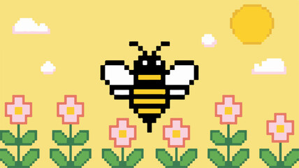 Pixelated bee flying above flowers in a sunny sky