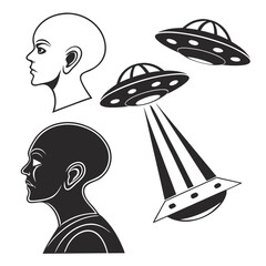 Alien heads and flying saucers profile silhouette © Mithu