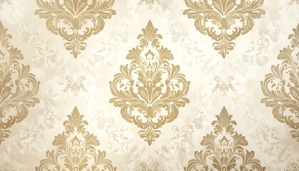 Classic damask wallpaper featuring a striking vintage decorative design in beige and gold.