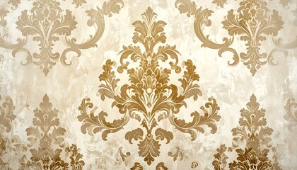 Classic damask wallpaper featuring a striking vintage decorative design in beige and gold.