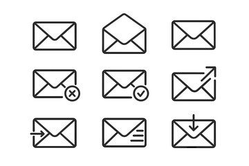 Set of minimalistic envelope line icons, editable stroke linear pictograms for cards, apps, banners, email interface design, communication symbols vector illustration