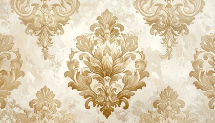 Classic damask wallpaper featuring a striking vintage decorative design in beige and gold.