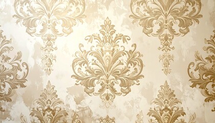 Classic damask wallpaper featuring a striking vintage decorative design in beige and gold.