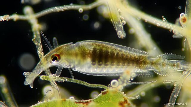 Close Up of Vorticella Protozoa with Clear Tentacles and Transparent Body Floating Amidst Aquatic Vegetation Against a Dark Background for Scientific Study and Visual Enhancement at High