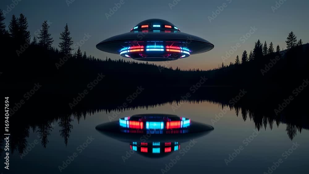 Poster ufo hovering over a calm lake with forest reflections and a crescent moon in a twilight sky footage.