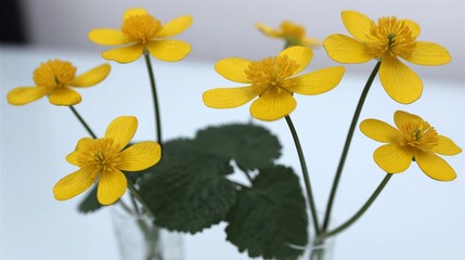 Bright yellow celandine flowers captured in macro with natural light against a minimalist clean background showcasing their vibrant hues and intricate details