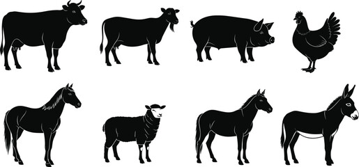 Farm animal silhouette vector set featuring cow, goat, pig, horse, sheep, chicken, donkey for agriculture, livestock, and farming design