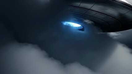 Unidentified flying object (UFO) with blue light hovering in stormy sky. Alien spacecraft in dark clouds, science fiction concept, footage. - Powered by Adobe