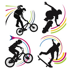 Naklejka premium B M X and skateboarder silhouettes with colorful arcs