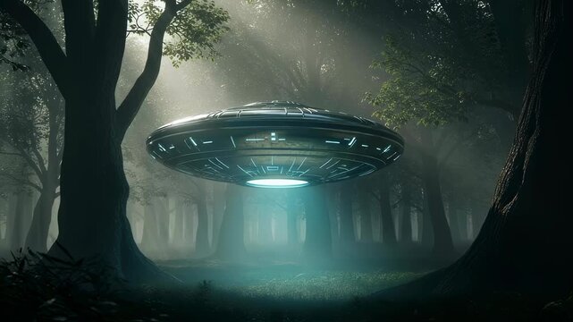 Ufo flying saucer hovering mystically in a dark forest, with futuristic alien technology and mysterious light beam for sci fi video.