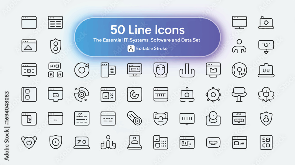 Fototapete set of 50 information technology line icons with editable stroke for software development and networ
