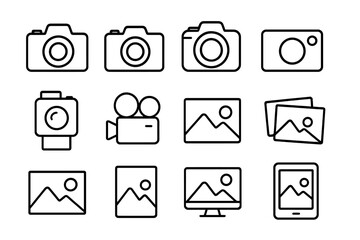 Photo camera and image simple icon collection, editable stroke vector set for infographics, articles, books, flyers, banners, digital media, cartoon style illustration