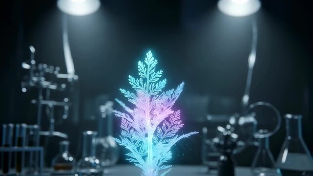 Hand touching glowing plant in science laboratory. Futuristic biology research and alien botany experiment footage.