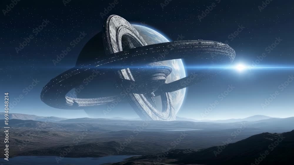 Aufkleber futuristic space station orbiting alien planet above desolate landscape with glowing light in deep s