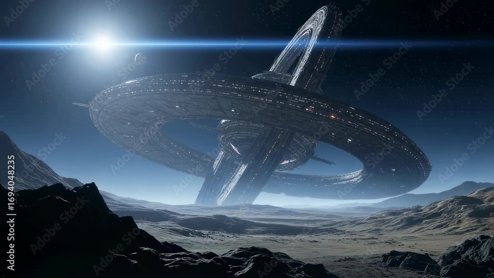 Poster massive alien spaceship hovering over a desolate extraterrestrial planetary landscape with a distant