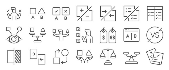 Compare icon set. It included Comparing, Comparison, scale, ab test, and more icons. Editable Vector Stroke.
