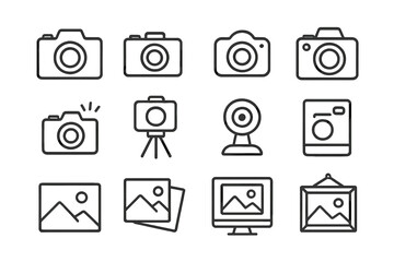 Photo camera and image icon collection, editable stroke vector set, simple line art design for infographics, articles, banners, flyers, cartoon style illustration pack