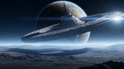 Alien spaceship orbiting an exoplanet above a rocky alien landscape, concept of extraterrestrial life and space exploration footage. - Powered by Adobe