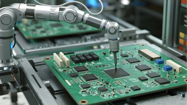 Robotic Arm Assembling Electronic Circuit Board in a High-Tech Manufacturing Environment - Powered by Adobe