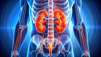 Anatomical illustration of kidneys and spine