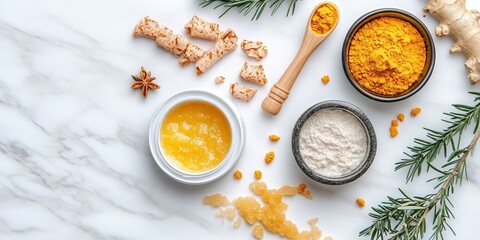 Flat Lay of Cosmetic Wellness Set Featuring Turmeric Powder and Homemade Face Mask Ingredients