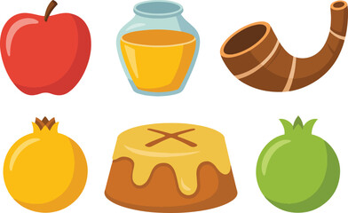 Rosh Hashanah Icon Set – Apple, Honey, Pomegranate, Horn, Food Vector Illustration Isolate on White Background