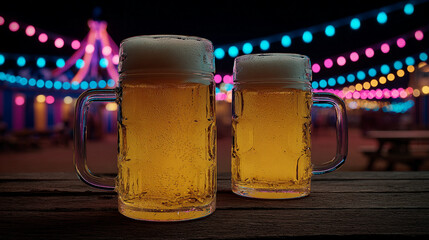 frothy beer in large glass mugs on a rustic wooden table	

