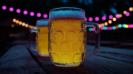 frothy beer in large glass mugs on a rustic wooden table	
