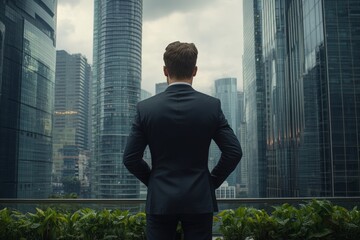 Fototapeta na wymiar Man in suit overlooking city skyline from rooftop garden with hands in pockets contemplating view