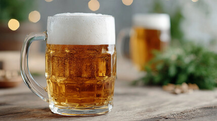 frothy beer in large glass mugs on a rustic wooden table	
