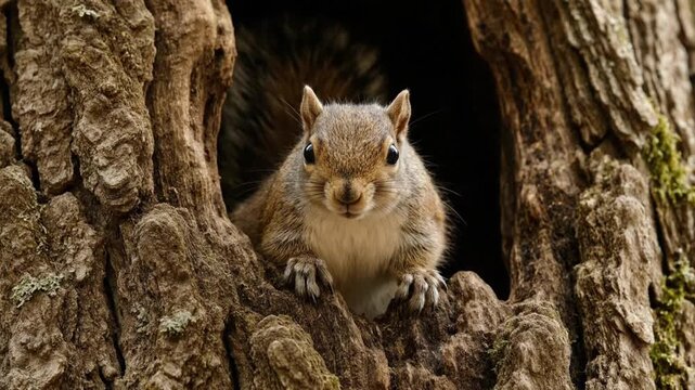 Close-up of a curious Eastern gray squirrel peeking out from its den inside a hollow tree, observing its natural woodland surroundings
