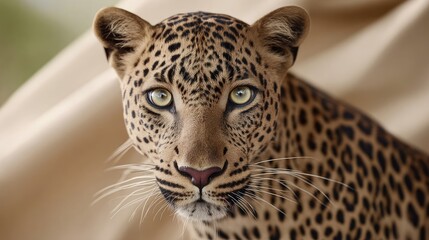 Fototapeta premium Close-up view of a leopard showcasing its striking features and unique spotted coat against a neutral background
