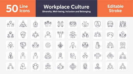 Illustrations 50 Line Icons Highlighting Workplace Culture, Diversity, Wellbeing, Inclusion, and Belonging