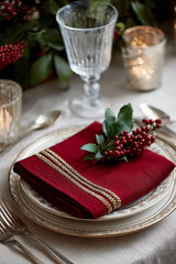 red christmas napkin on a dining table set for a christmas family dinner	with antique plates