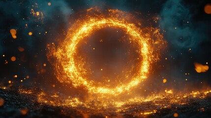 Fiery ring portal on burning ground, dark smoky background