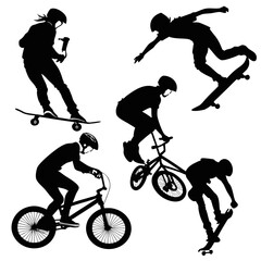 Black silhouettes of skateboarders and bmx riders action © Mithu