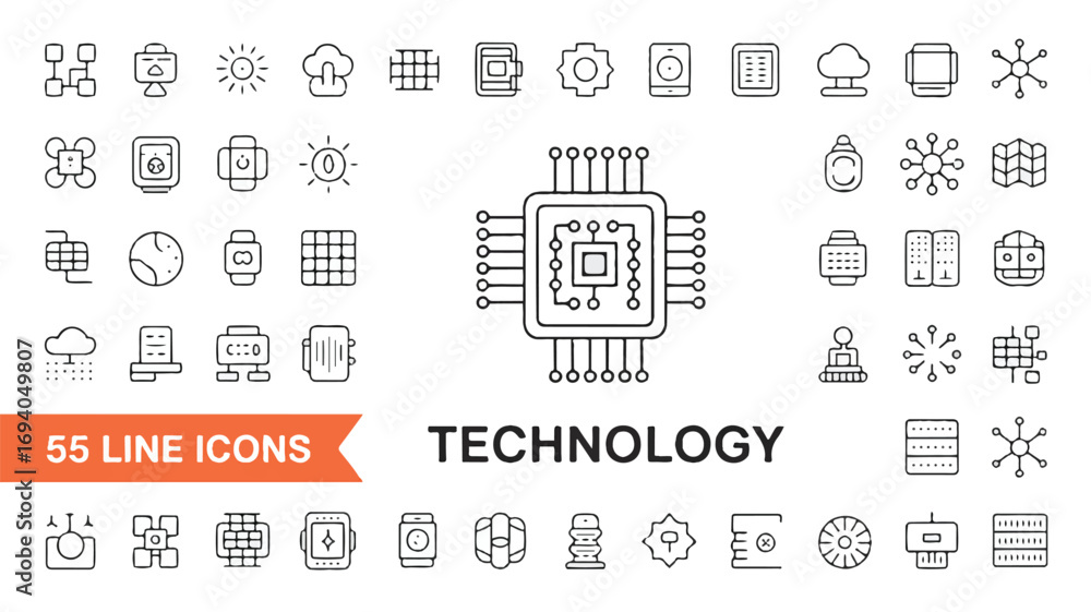 Poster a comprehensive set of modern technology line icons featuring a cpu, cloud data, network connections