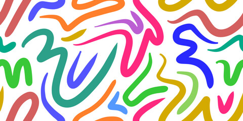 Fun colorful line doodle seamless pattern. Creative minimalist style art background for children or trendy design with basic shapes. vector illustration