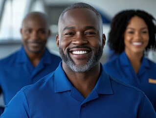 Happy African American man in blue polo shirt at workplace