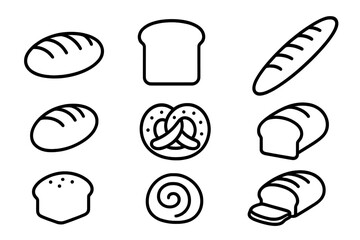 Set of minimalist black line bread icons, bakery symbols, linear pictograms for web design, apps, social media, banners, cards, cartoon style bread varieties vector set
