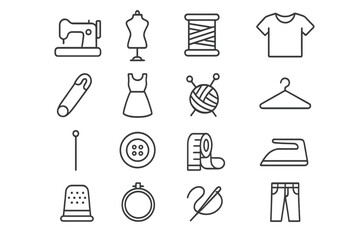 Sewing and garment thin line icon set, editable stroke, vector cartoon illustration with transparent background, tailoring tools, clothing elements for banners, cards, social networks, apps