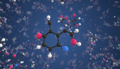 3D rendering of a molecule structure with atoms and bonds on a blue background
