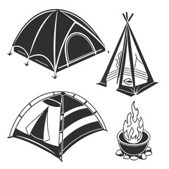Camping tents and campfire icons shelter outdoor © Mithu