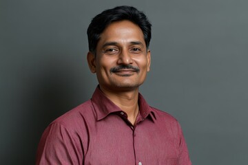 Obraz premium A man with a mustache wearing a maroon shirt against a grey background in a studio setting