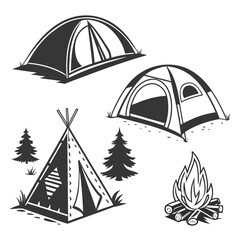 Camping tents and campfire silhouettes outdoor nature © Mithu