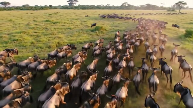Large herd of wildebeest migration in savanna landscape. Animal migration concept, wildlife herd moving in safari nature reserve landscape.