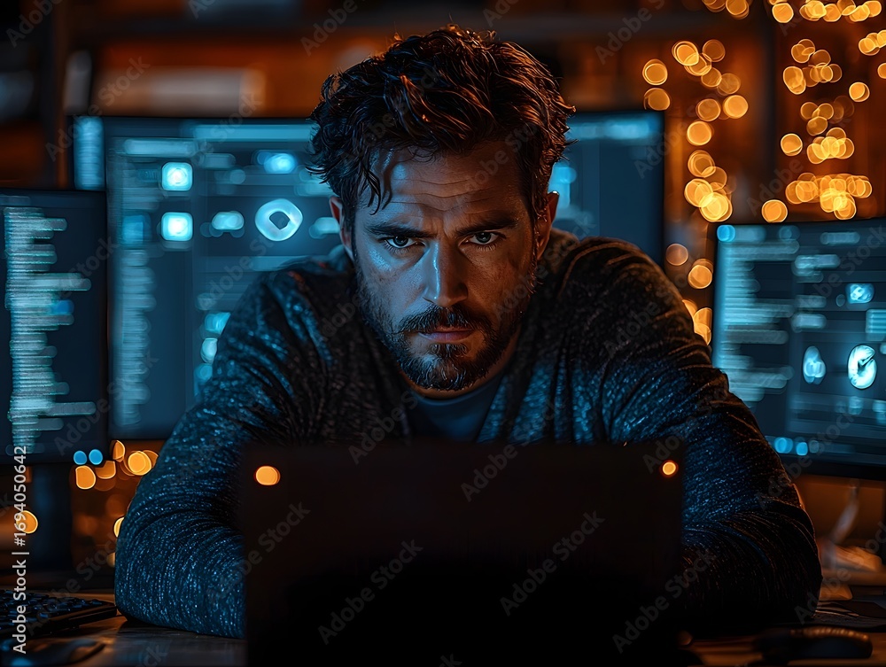 Poster man intensely focused on multiple computer screens in a dark modern workspace at night