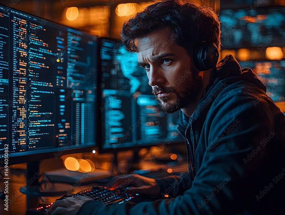 Poster a focused man with headphones works intensely on multiple computer screens displaying code in a dark